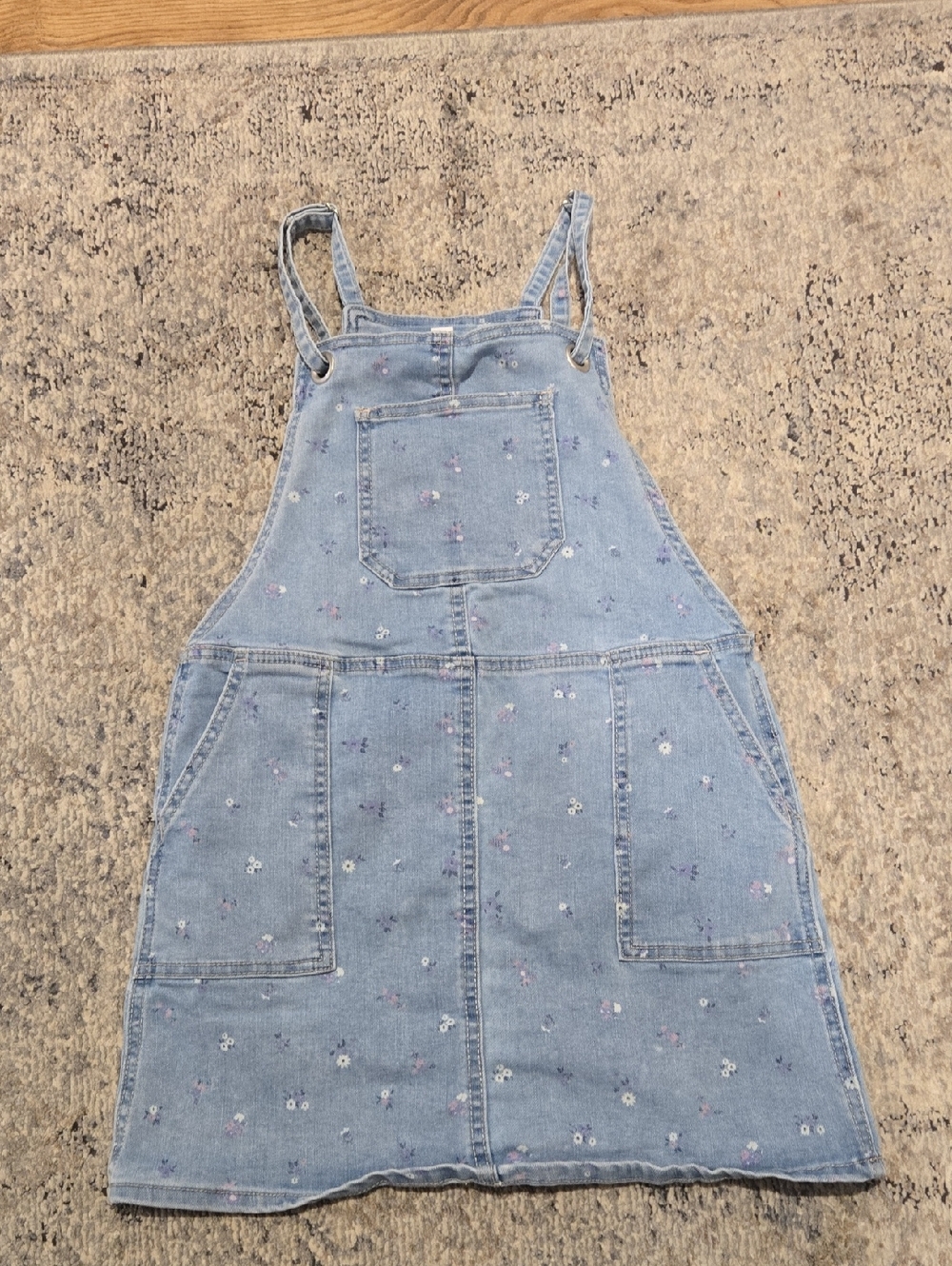 Light Wash Denim Overall Dress with Tiny Floral Print